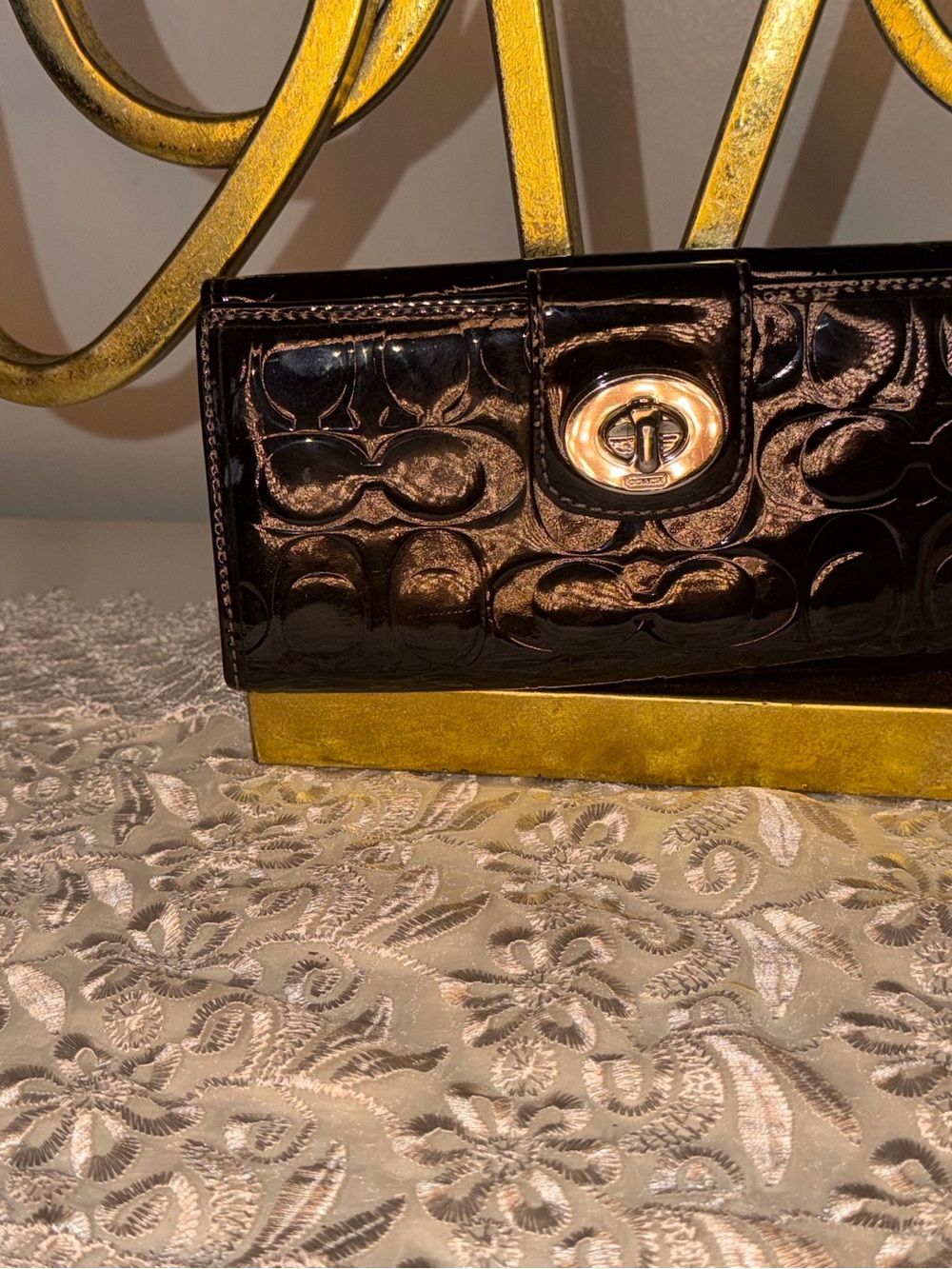Coach Patent Leather Turnlock Clutch in Dark Brown